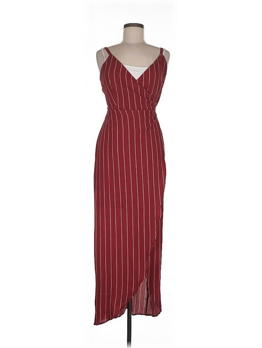 Women's Burgundy Stripe Sleeveless Wrap Maxi Dress